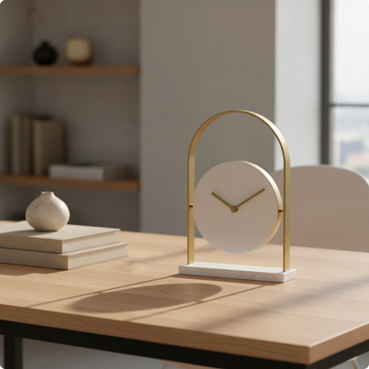 שעון שולחני פיסולי במראה שיש-טרוורטין | דגם Arch Marble Clock