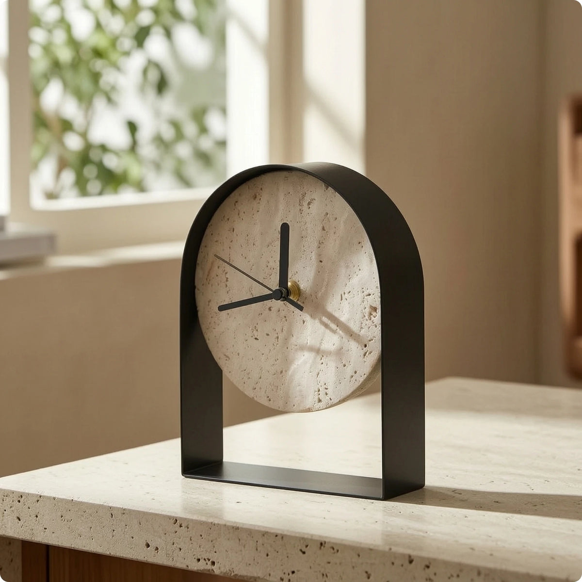 שעון שולחני פיסולי במראה שיש-טרוורטין | דגם Arch Marble Clock