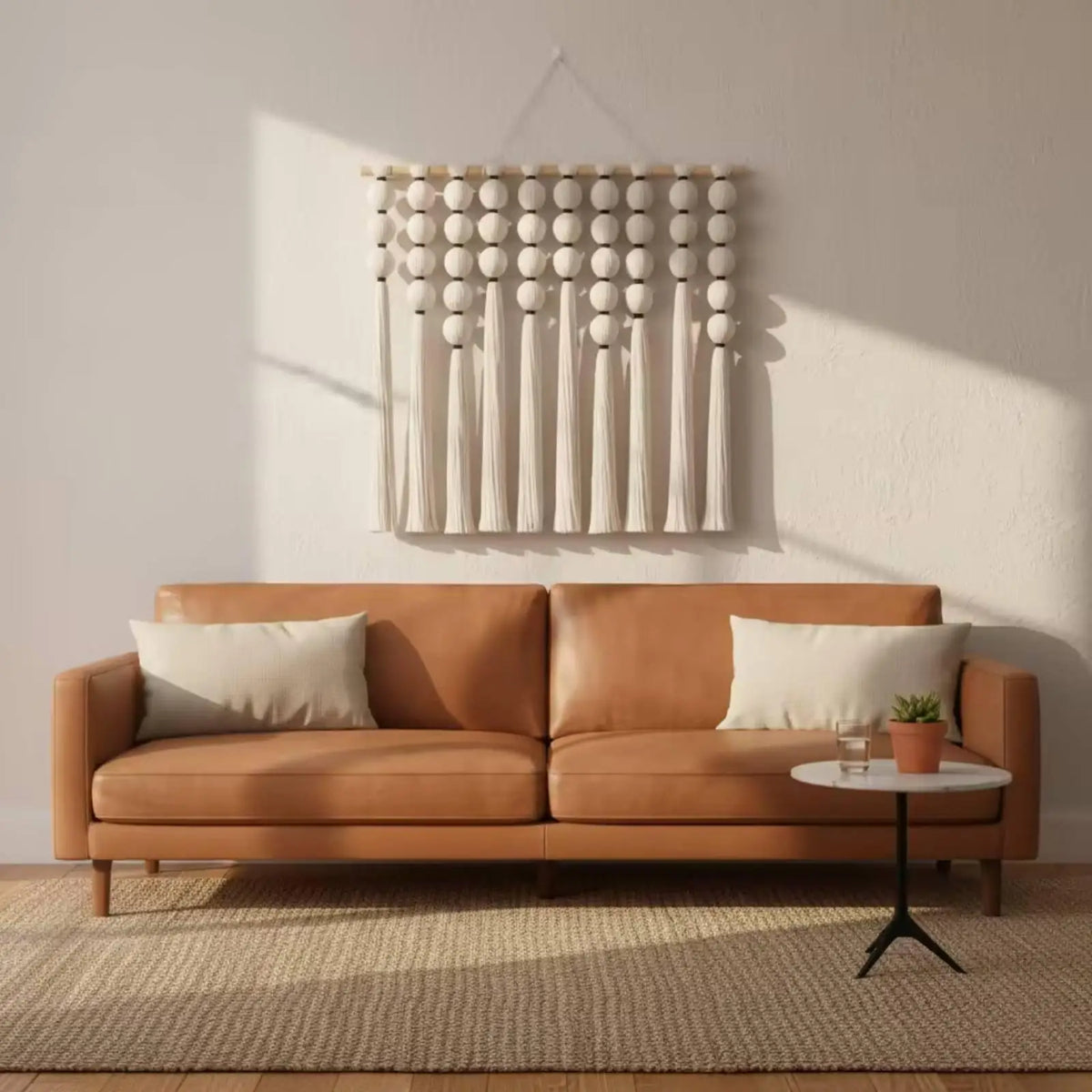 שטיח קיר מקורמה עם חרוזי עץ טבעיים | דגם Wooden Bead Tapestry