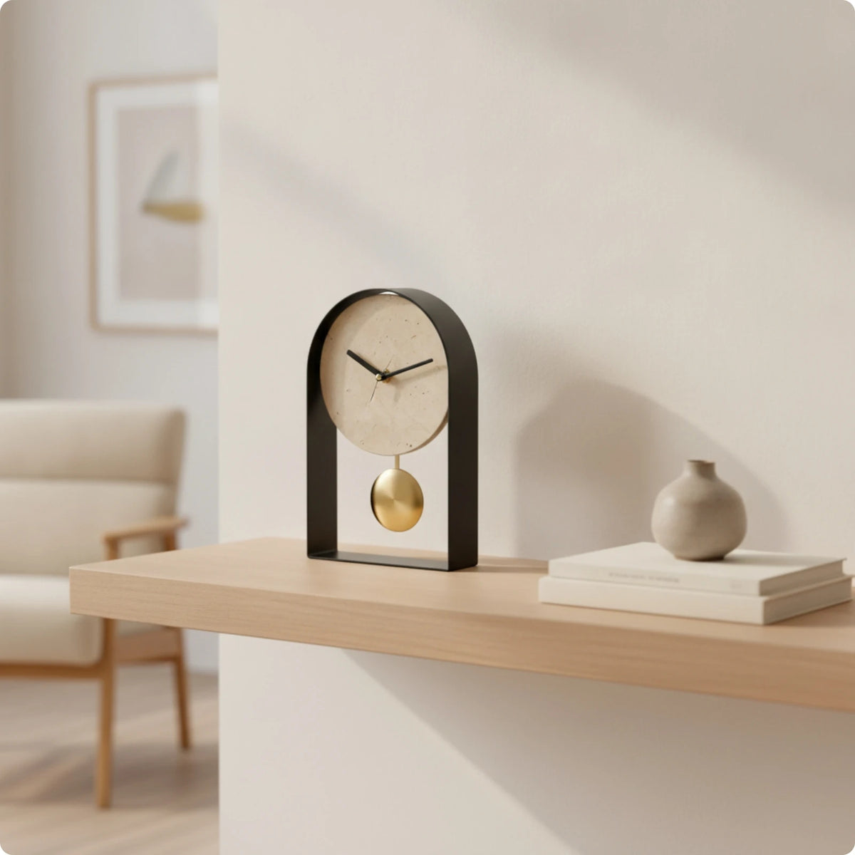 שעון שולחני פיסולי במראה שיש-טרוורטין | דגם Arch Marble Clock