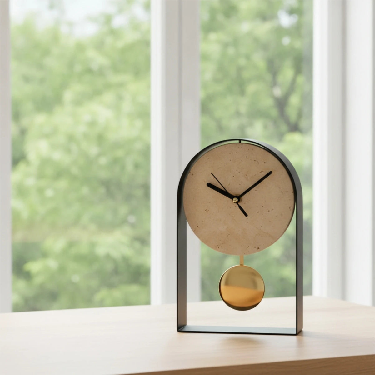 שעון שולחני פיסולי במראה שיש-טרוורטין | דגם Arch Marble Clock