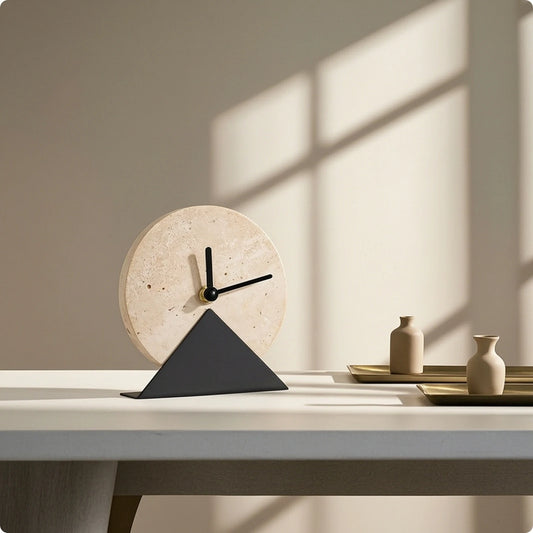 שעון שולחני פיסולי במראה שיש-טרוורטין | דגם Arch Marble Clock