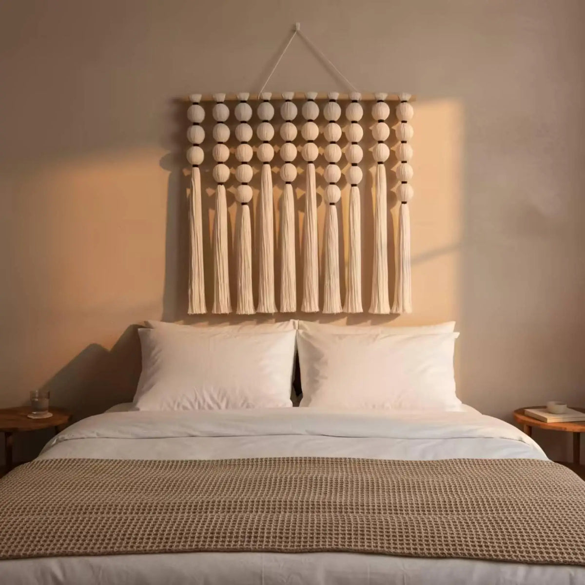 שטיח קיר מקורמה עם חרוזי עץ טבעיים | דגם Wooden Bead Tapestry