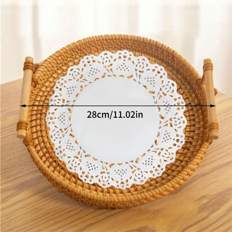 מגש ראטן עגול קלוע עבודת יד עם ידיות עץ | דגם Natural Rattan Tray - My Store