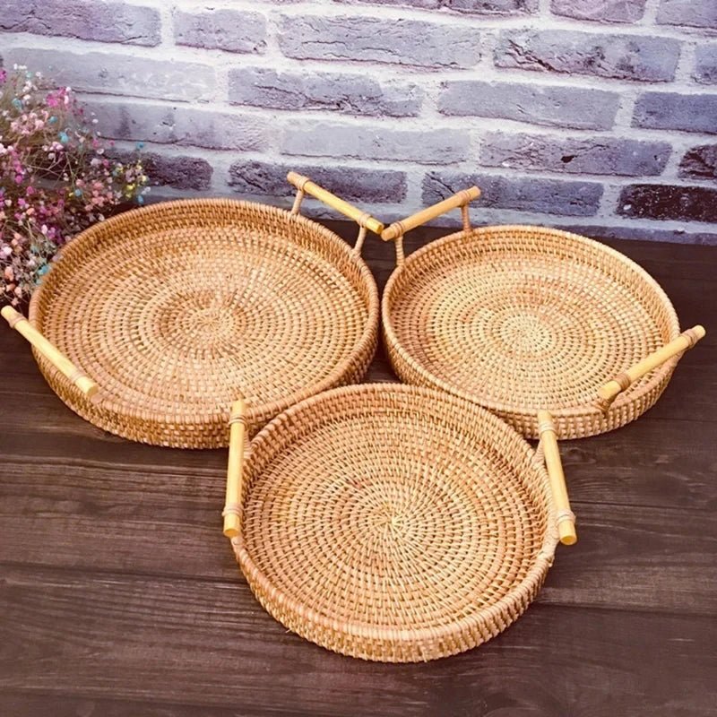 מגש ראטן עגול קלוע עבודת יד עם ידיות עץ | דגם Natural Rattan Tray - My Store