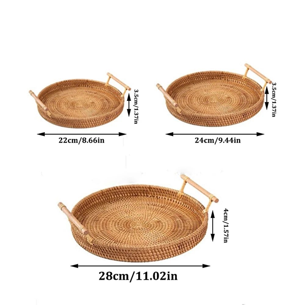 מגש ראטן עגול קלוע עבודת יד עם ידיות עץ | דגם Natural Rattan Tray - My Store
