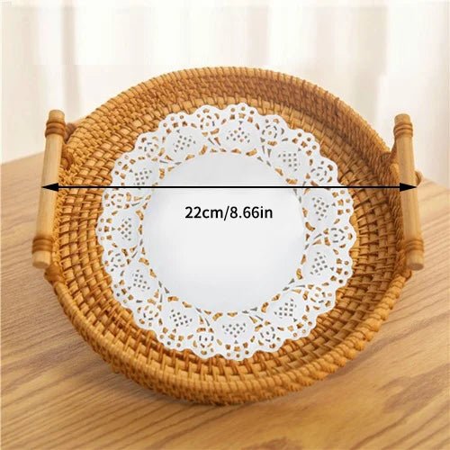 מגש ראטן עגול קלוע עבודת יד עם ידיות עץ | דגם Natural Rattan Tray - My Store