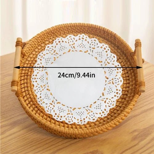 מגש ראטן עגול קלוע עבודת יד עם ידיות עץ | דגם Natural Rattan Tray - My Store