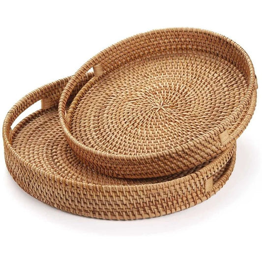 מגש ראטן עמוק עגול עם ידיות מובנות | דגם Round Boho Tray - My Store